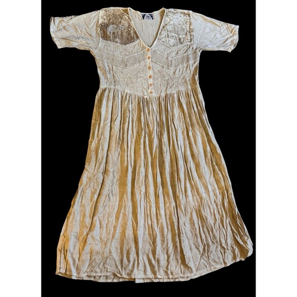 Vtg 70s CREEM Dress Hippie Boho Viscose Maxi Farmhouse Cottage core Tie Elephant - Picture 9 of 16